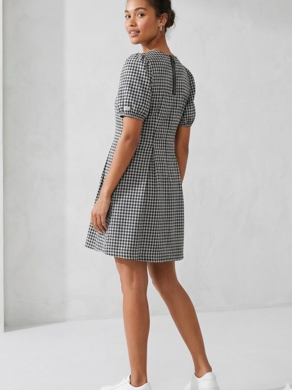 ANN TAYLOR LOFT 8 Dress Black White Gingham Puff Sleeve Mini Summer Resort